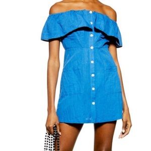 Blue Topshop Off the Shoulder Button Down Mini Dress